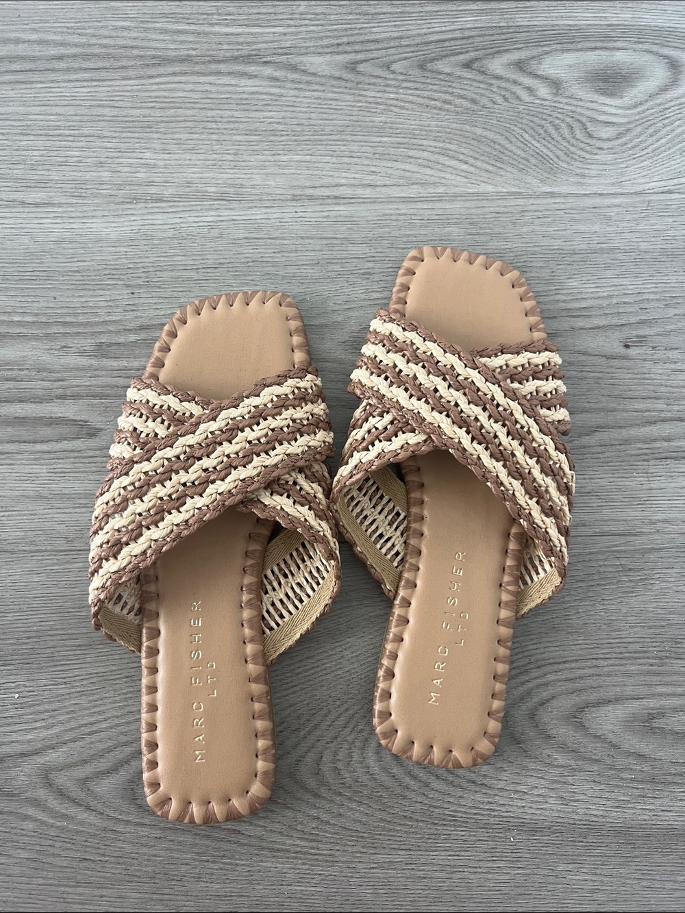 Marc Fisher Braided Crossband Slide Sandals in Tan and Cream